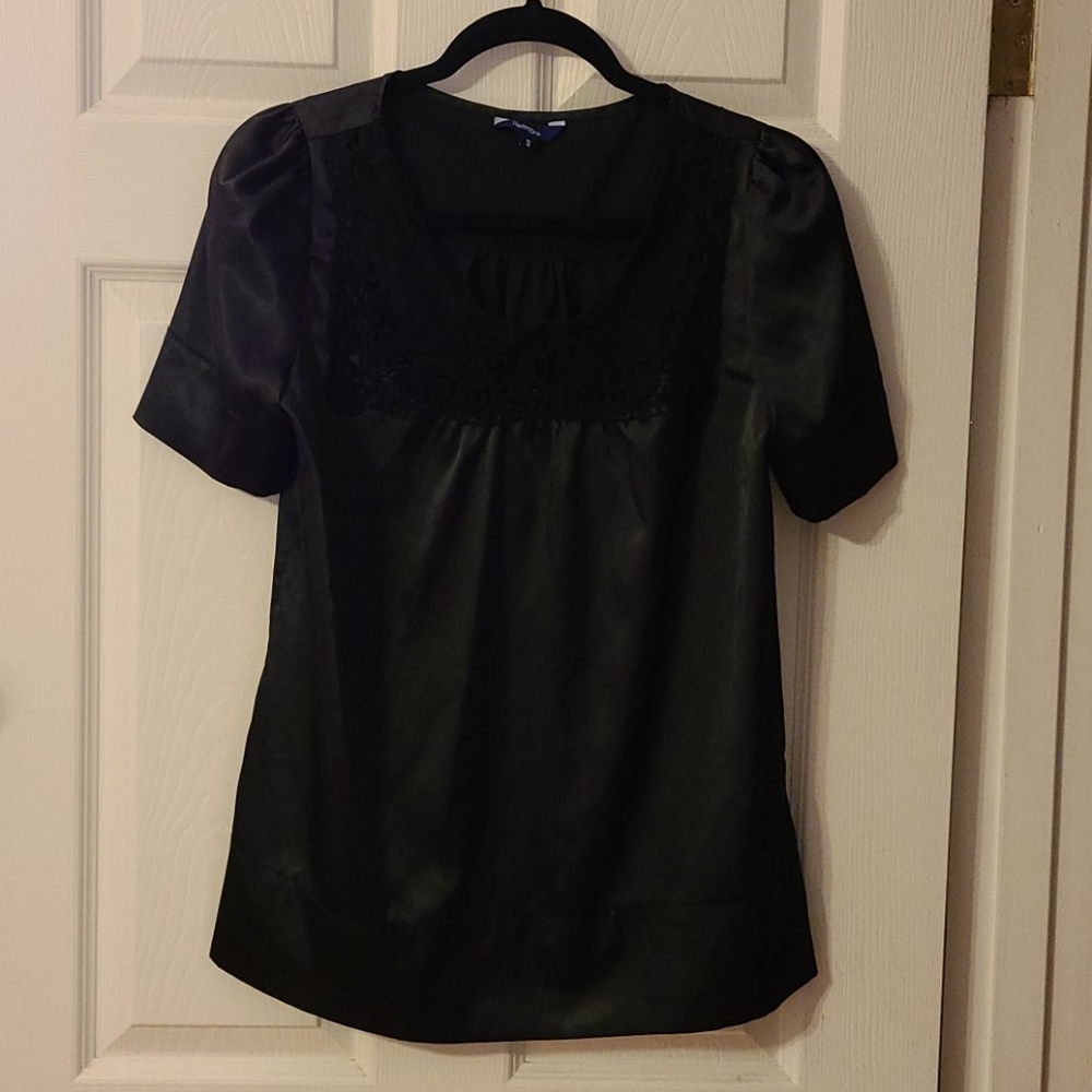 Black satin top with lace trim